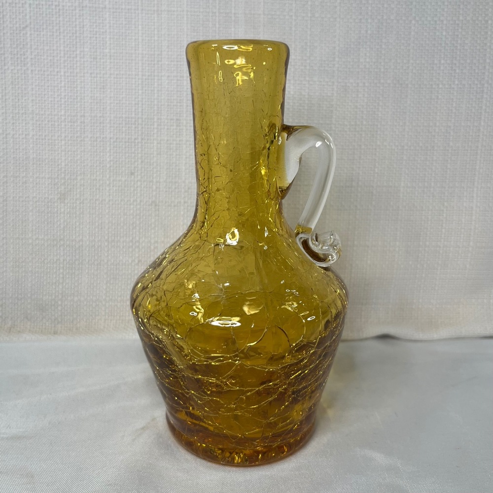 Vintage Amber Crackle Glass Pitcher Hand Blown Bud Vase Clear Handle 5 Inch